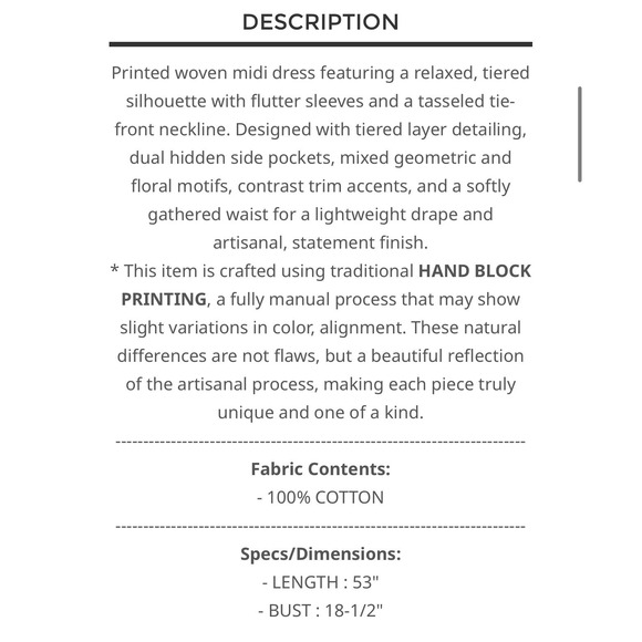 POL Hand Block Printed Cotton Tiered Midi Dress Flutter Sleeve Floral MEDIUM - Picture 3 of 8